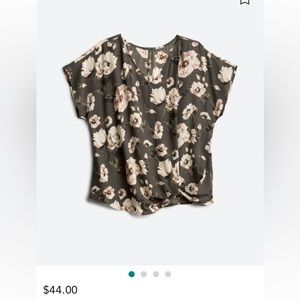 Olive green floral blouse—worn once.  2X. Semi-sheer with a knit front detail